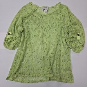 Vintage Keren Hart Lime Green Speckled Mesh Knit Top Roll Tab Sleeves‎ Women XL